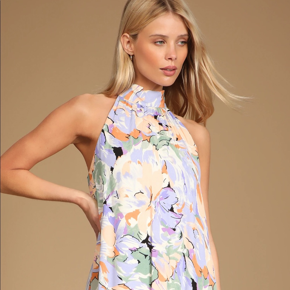 Brand new w/ tags-Tied back to you lavender multi floral print mini shift dress